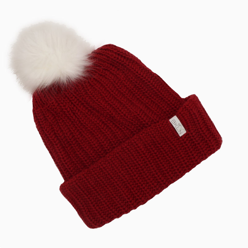 Scarlet Red Beanie with White Pom - Adult/Big Kid