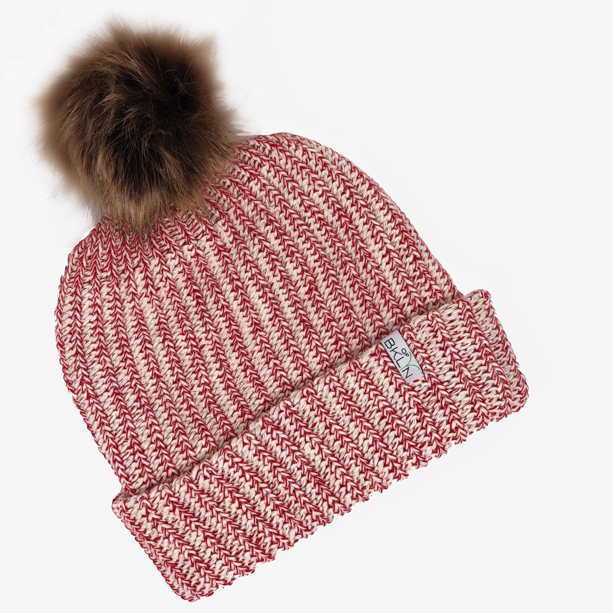 Crimson & Natural Beanie with Dark Brown Pom - Adult/Big Kid