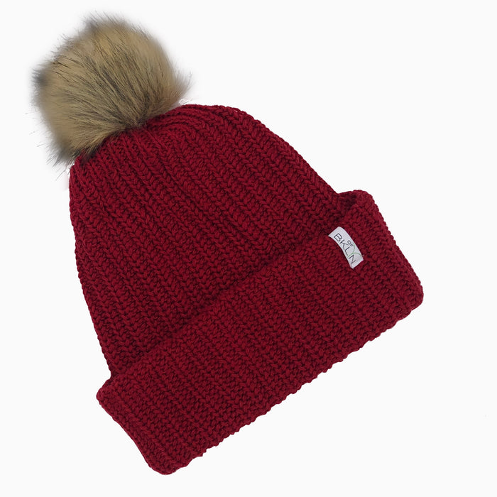 Scarlet Red Beanie with Brown Pom - Adult/Big Kid