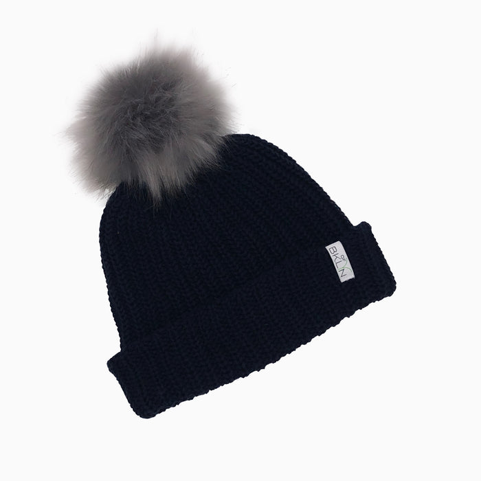 Classic Navy Beanie with Gray Pom - Children