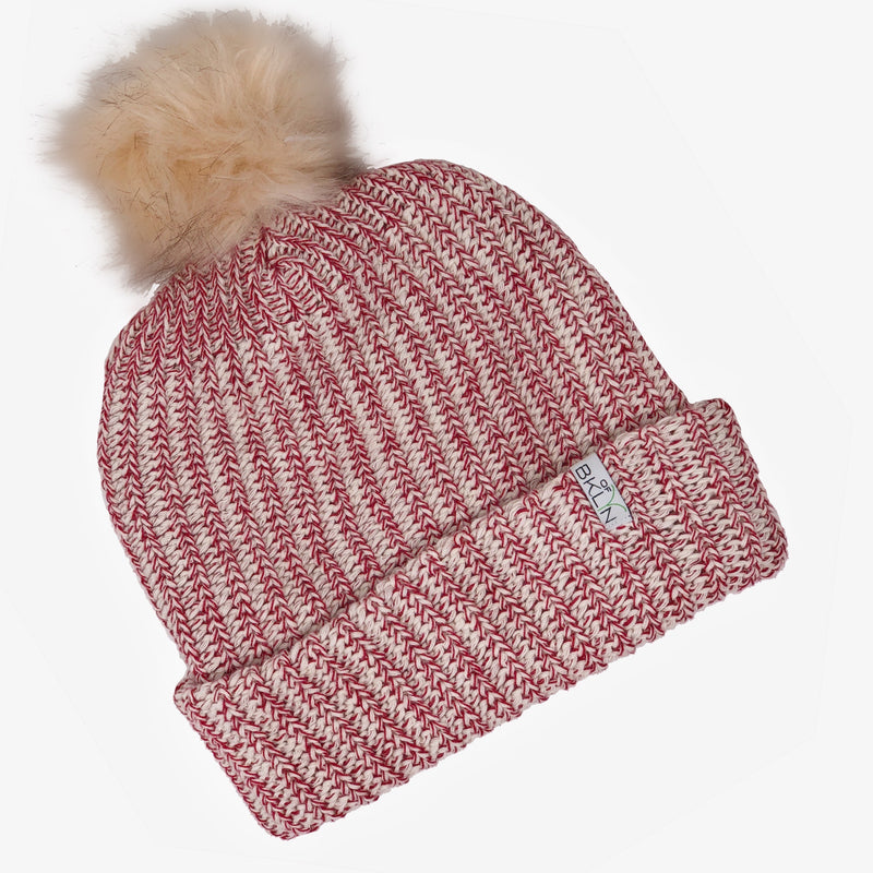 Crimson & Natural Beanie with Cream Pom - Adult/Big Kid