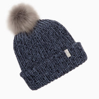 Blue & Blue Beanie with Gray Pom - Adult/Big Kid