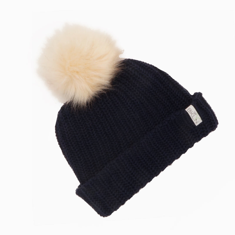 Panther Black Beanie with Cream Pom - Children