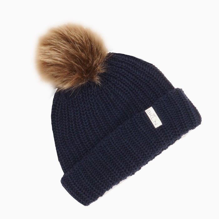 Classic Navy Beanie with Dark Brown Pom - Children