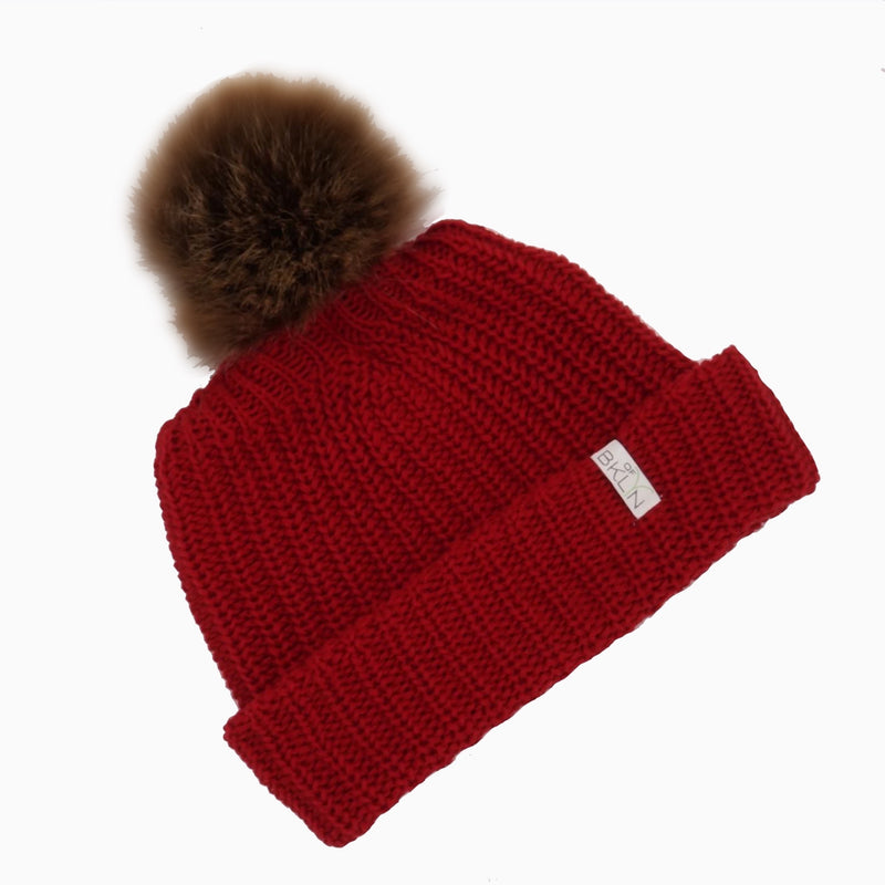 Scarlet Red Beanie with Dark Brown Pom - Children