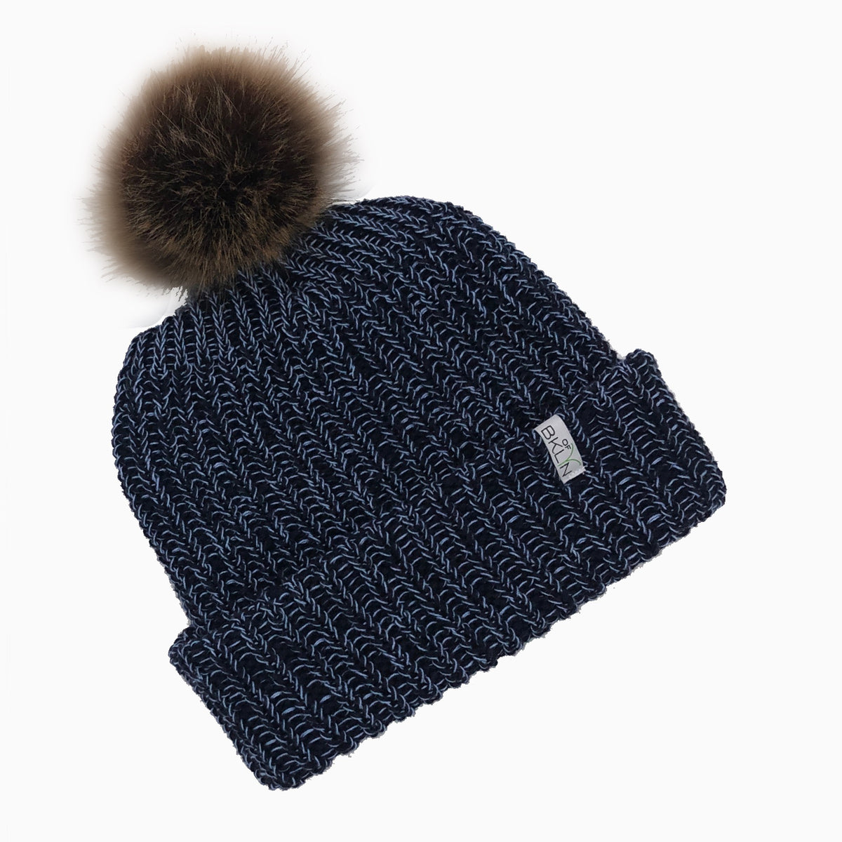 Blue & Blue Beanie with Dark Brown Pom - Adult/Big Kid