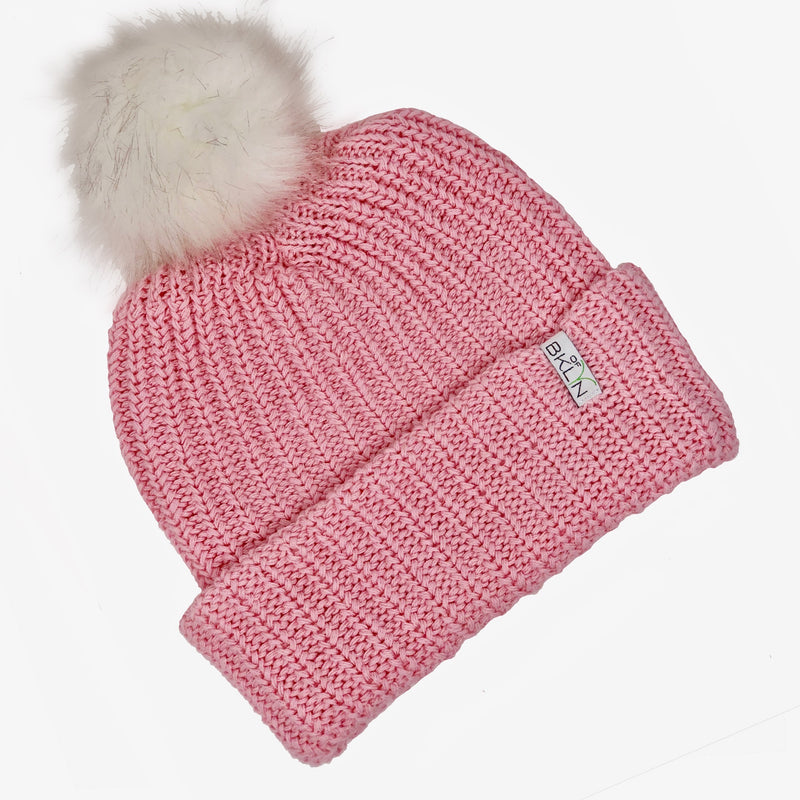 Bubblegum Pink Beanie with White Pom - Adult/Big Kid