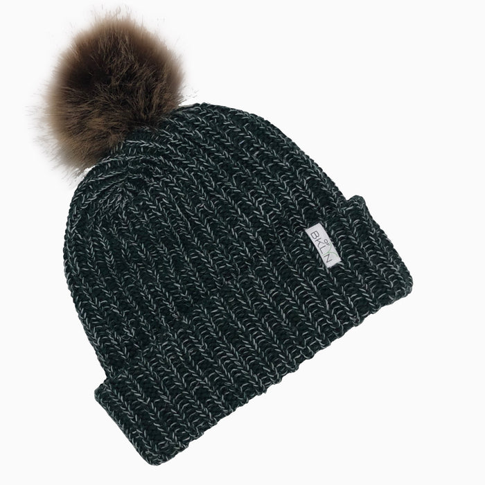 Pine & Snow Beanie with Dark Brown Pom - Adult/Big Kid