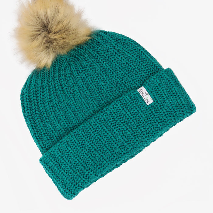 Ultramarine Green Beanie with Brown Pom - Adult/Big Kid