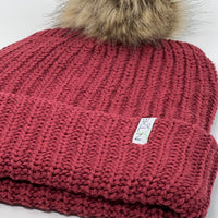 Brick Red Beanie with Brown Pom - Adult/Big Kid