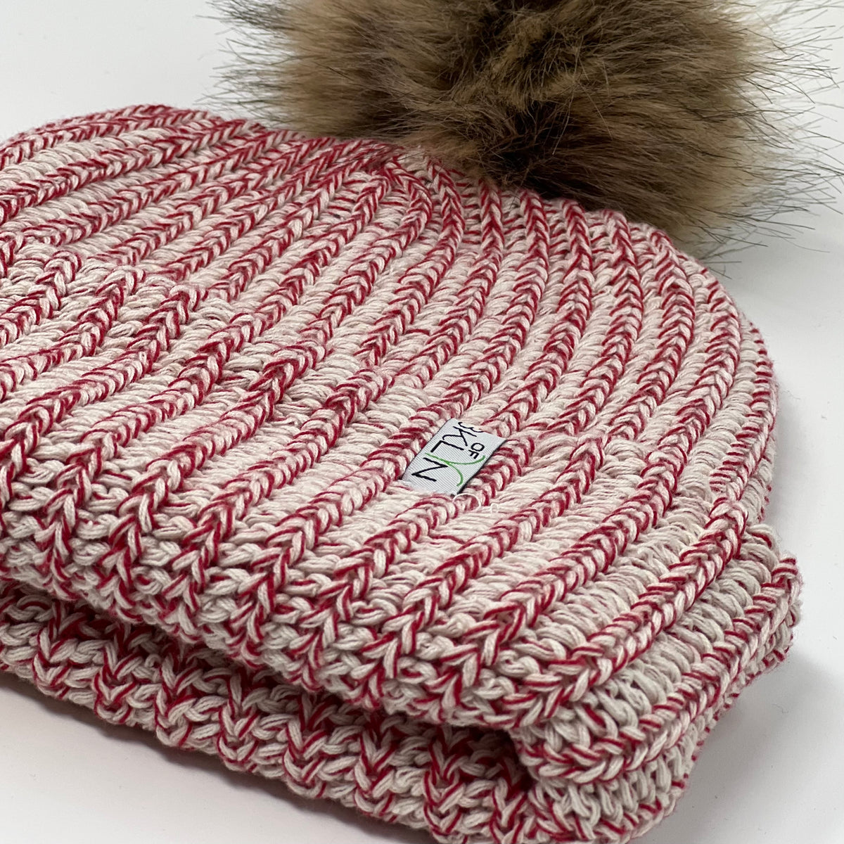 Crimson & Natural Beanie with Dark Brown Pom - Adult/Big Kid