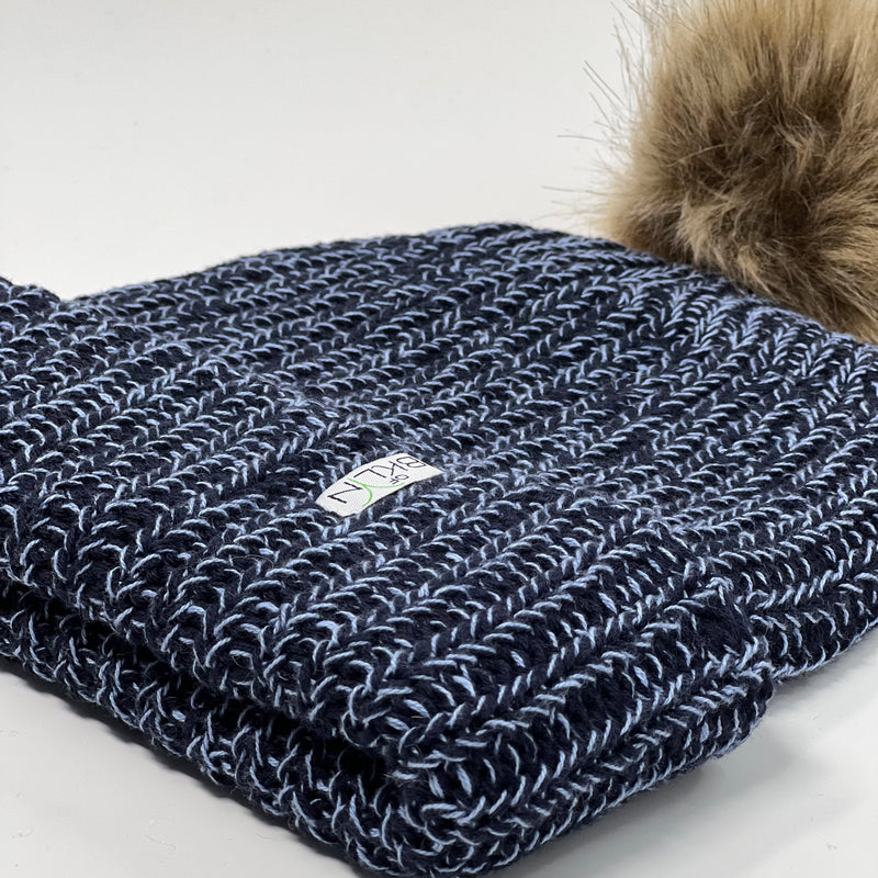 Blue & Blue Beanie with Dark Brown Pom - Adult/Big Kid