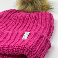 Electric Pink Beanie with Brown Pom - Adult/Big Kid