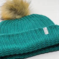 Ultramarine Green Beanie with Brown Pom - Adult/Big Kid