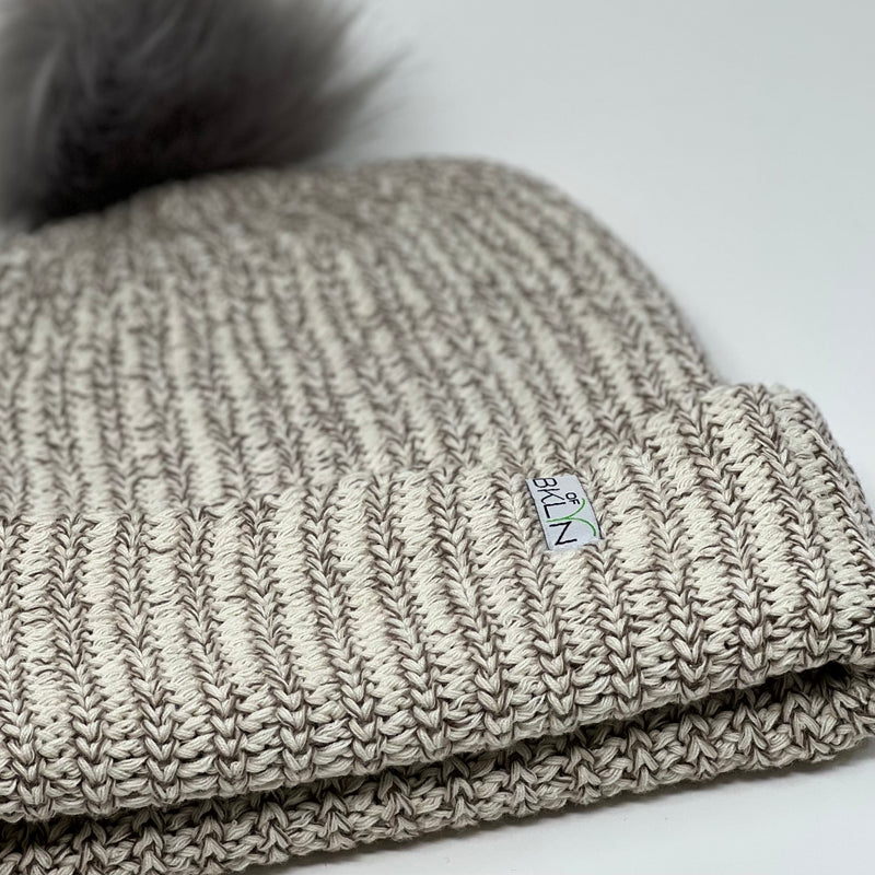 Natural & Coffee Beanie with Gray Pom - Adult/Big Kid