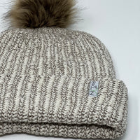 Natural & Coffee Beanie with Dark Brown Pom - Adult/Big Kid