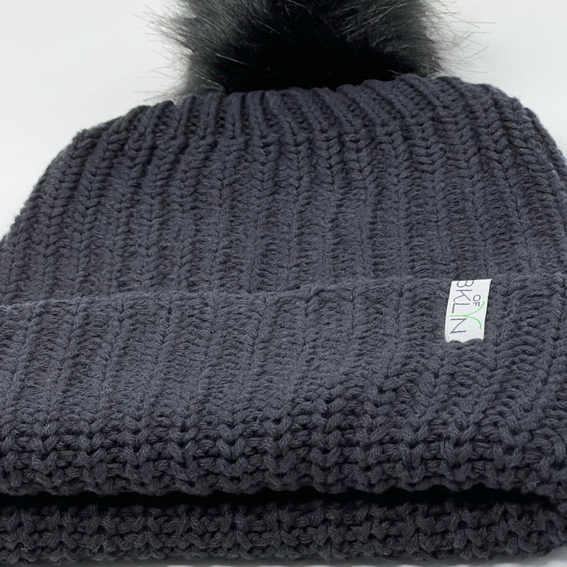 Ink Black Beanie with Black Pom - Adult/Big Kid