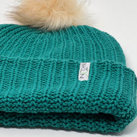 Ultramarine Green Beanie with Cream Pom - Adult/Big Kid