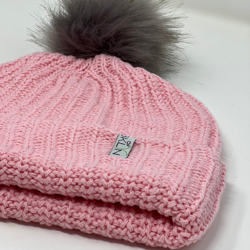 Bubblegum Pink Beanie with Gray Pom - Adult/Big Kid