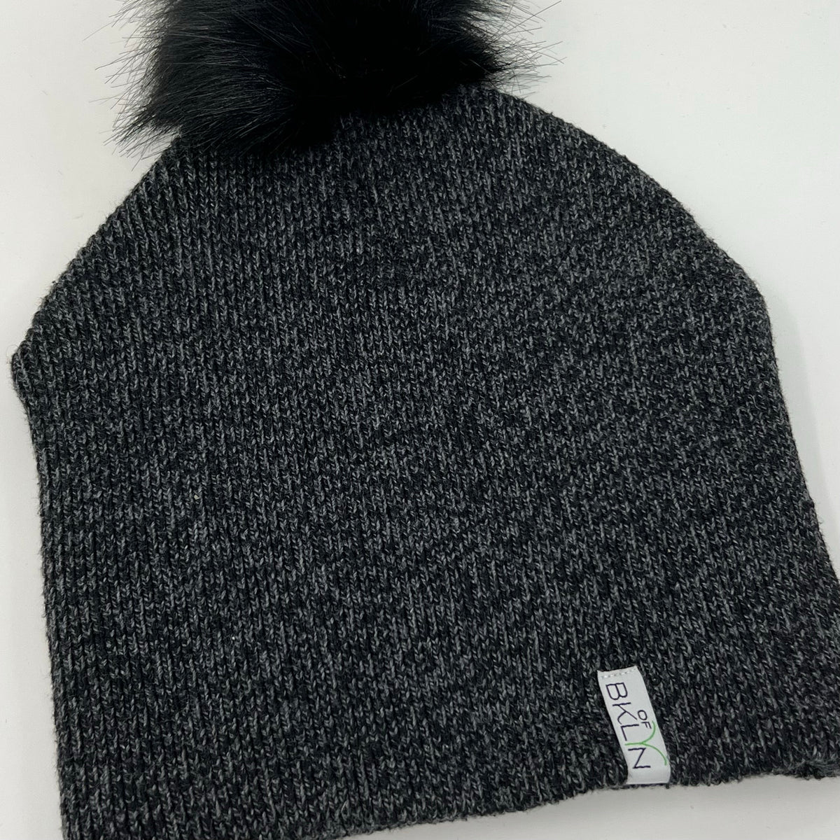 Gray Rib-Knit Beanie with Black Pom - Adult/Big Kid