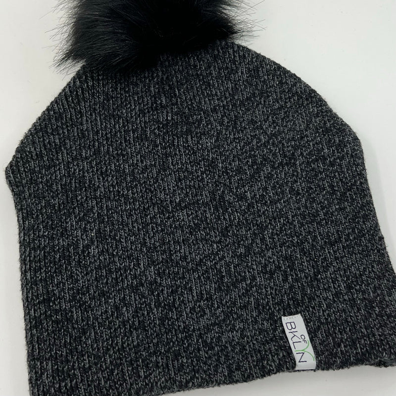 Gray Rib-Knit Beanie with Black Pom - Adult/Big Kid