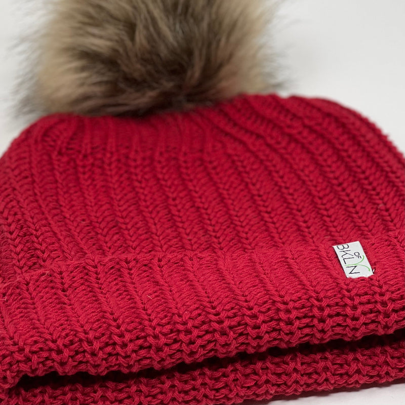 Scarlet Red Beanie with Dark Brown Pom - Children