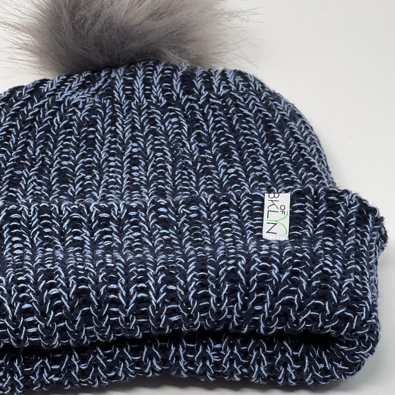 Blue & Blue Beanie with Gray Pom - Adult/Big Kid