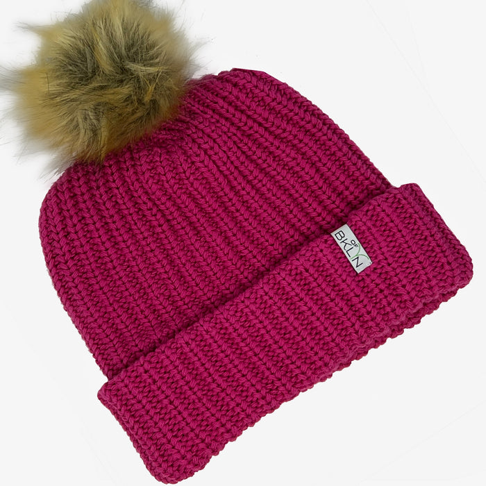 Electric Pink Beanie with Brown Pom - Adult/Big Kid