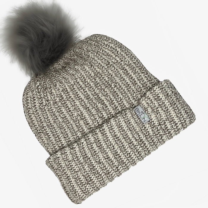 Natural & Coffee Beanie with Gray Pom - Adult/Big Kid