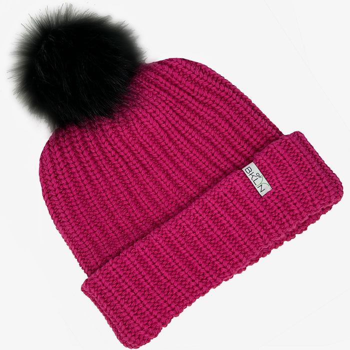 Electric Pink Beanie with Black Pom - Adult/Big Kid